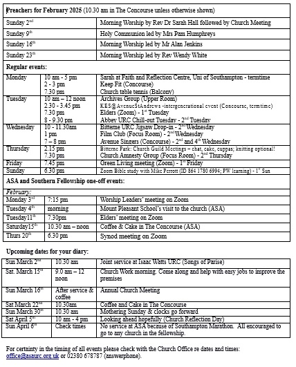 Dates for the Diary 2nd Feb 2025.