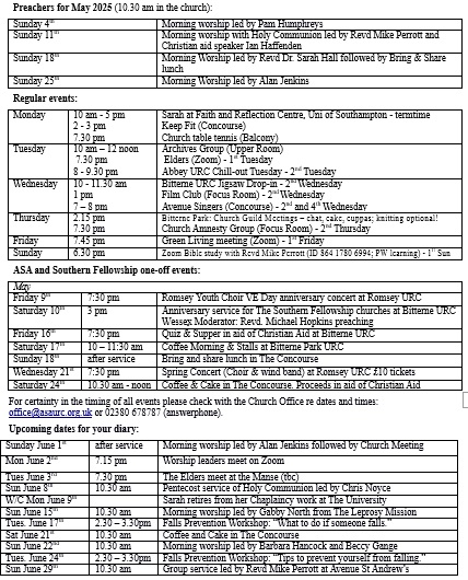 Dates for the diary May 2025